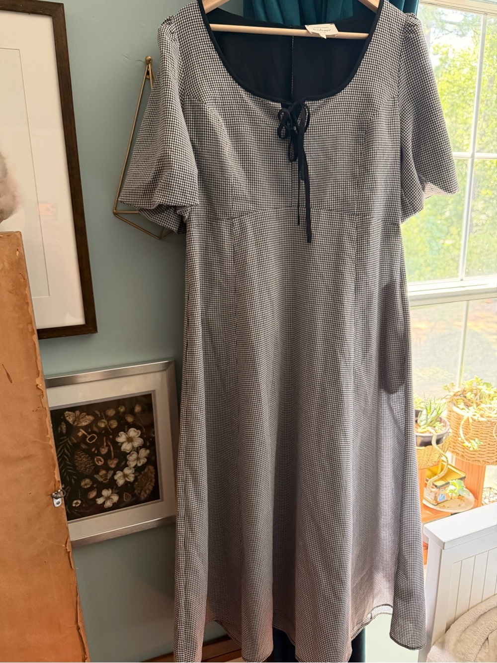 Böhme Black & White Gingham Midi Dress, Size Large, Cottagecore Prairie Style